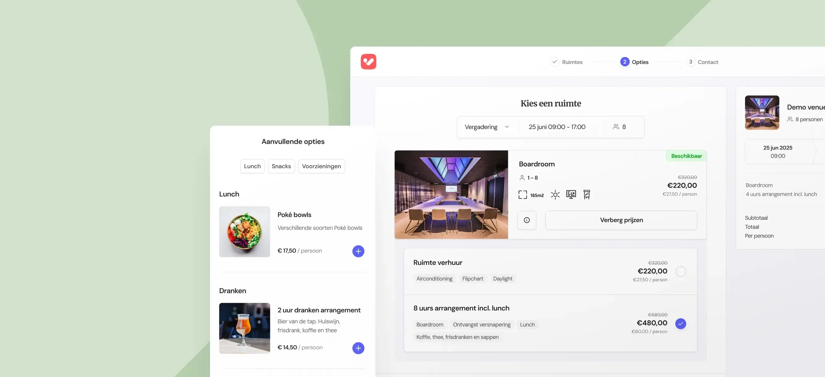 Overzichtelijke gebruikersinterface van een online boekingsmodule voor vergaderruimtes, waarin een Boardroom wordt geselecteerd, met extra opties zoals lunch en drankarrangementen. Het design is strak, modern en gebruiksvriendelijk.
