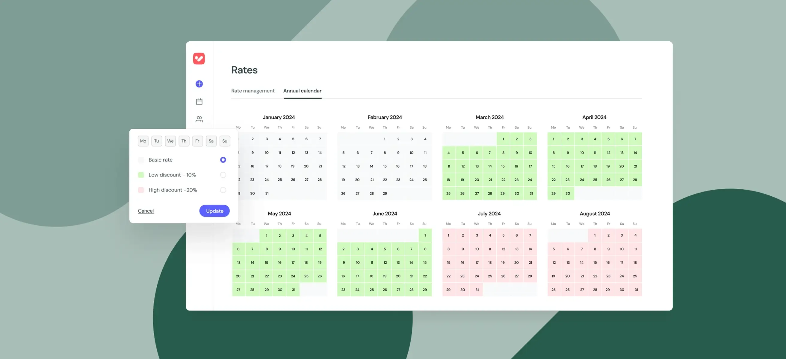 Screenshot of the dynamic pricing interface in the form of the calendar where you can assign high or low season to a period on a green graphic background.