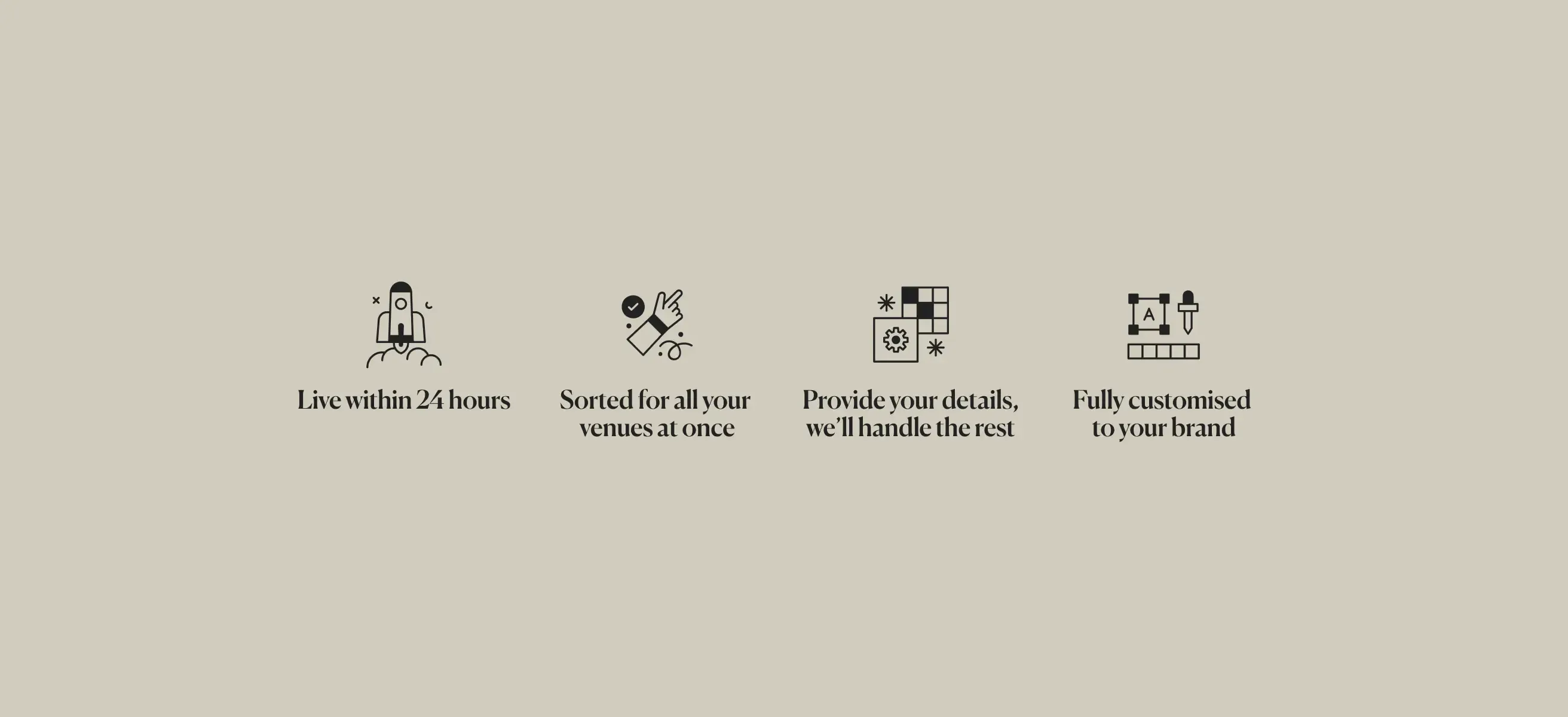 Coloured screen with emoticons and text explaining the advantages of working with VenueSuite software: live within 24 hours, instantly organised for all your venues, submit details once and everything in your own branding.