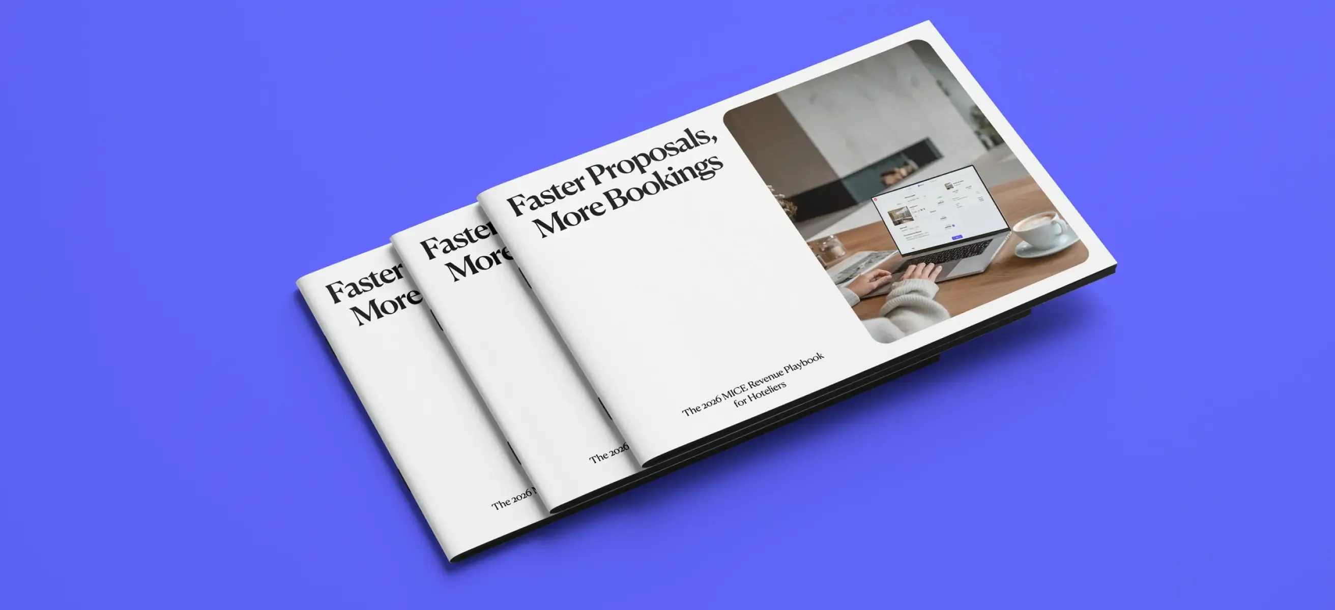 Brochures titled ‘Faster proposals, more bookings’ on a purple background.