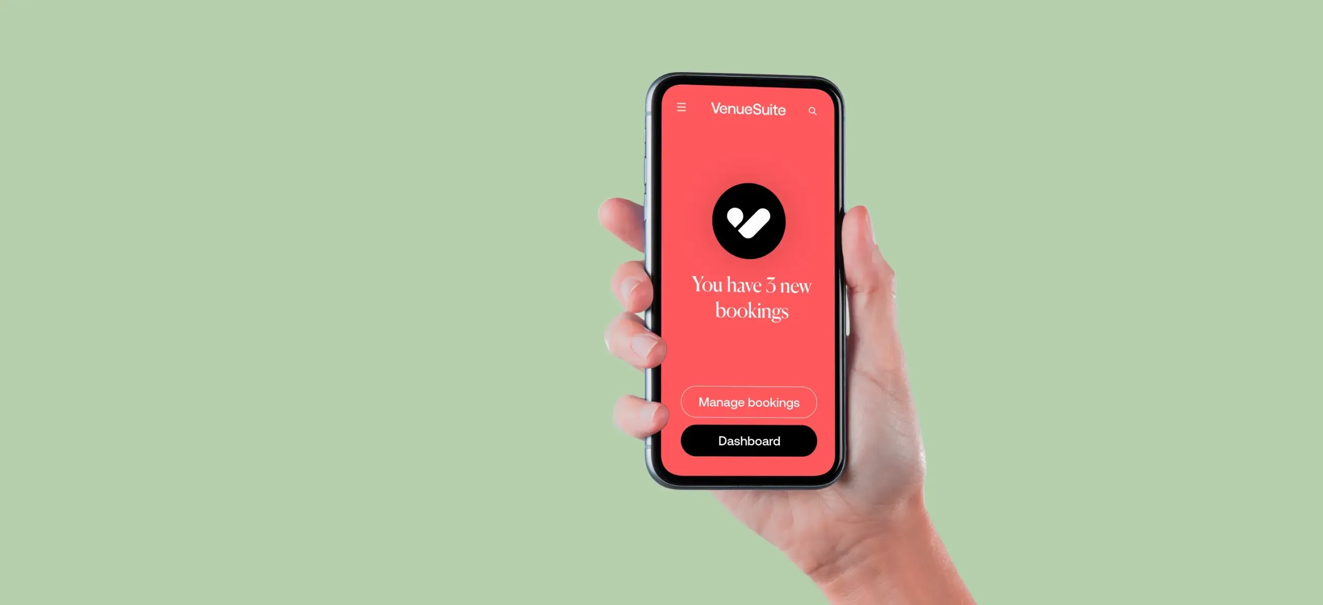 a hand holding a smartphone displaying the VenueSuite To Go app