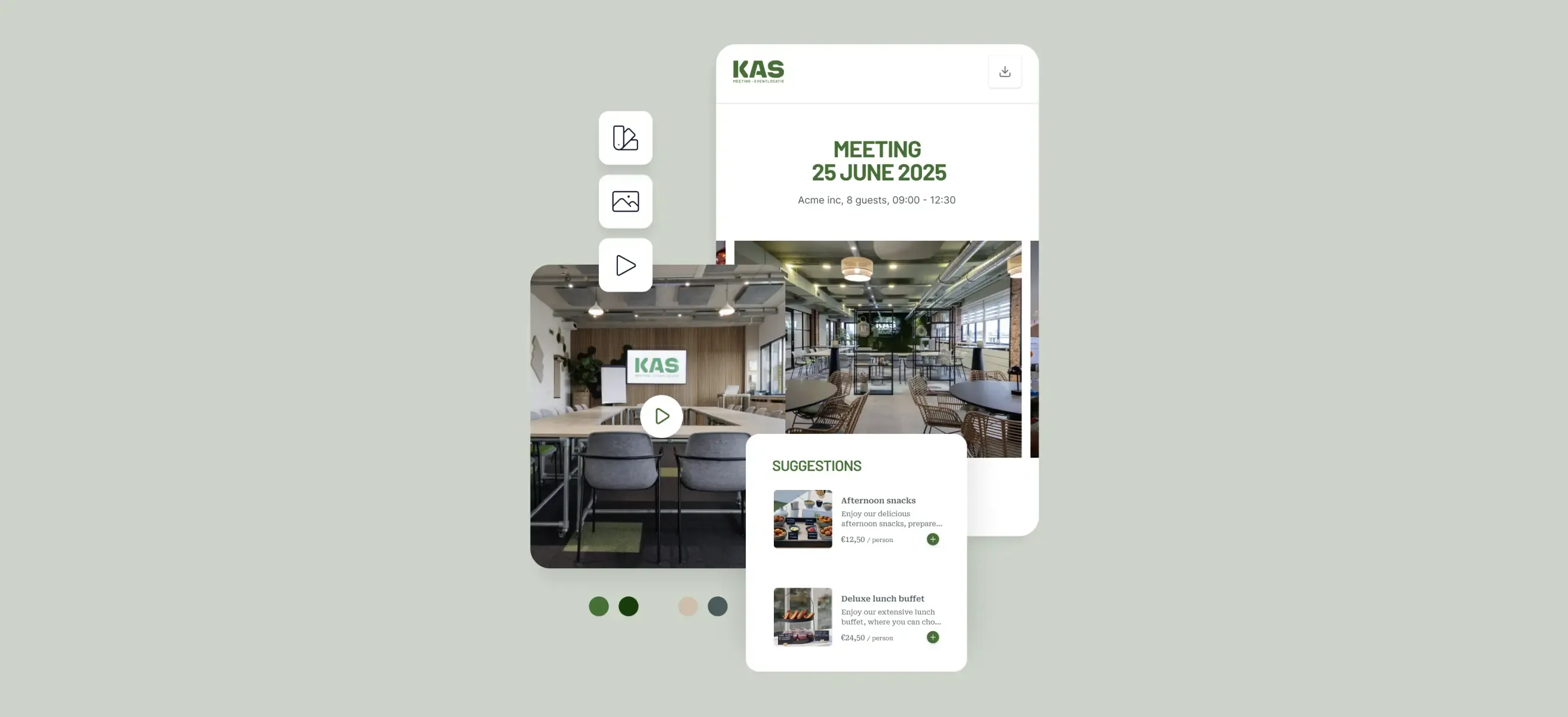Screenshots of the interface in the personal branding of the venue in VenueSuite on a graphic background.
