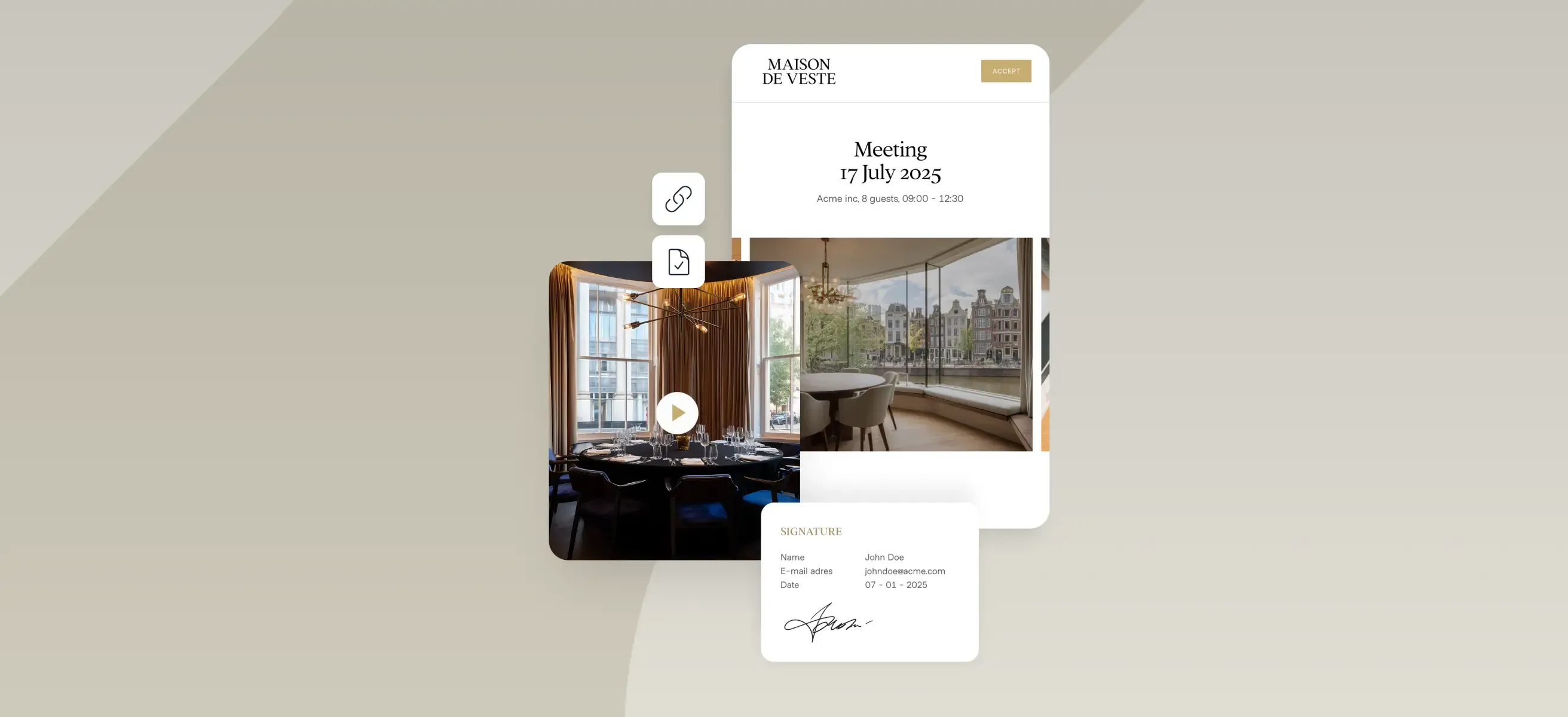 Screenshots of the interface and digital signature option in VenueSuite on a graphic background.