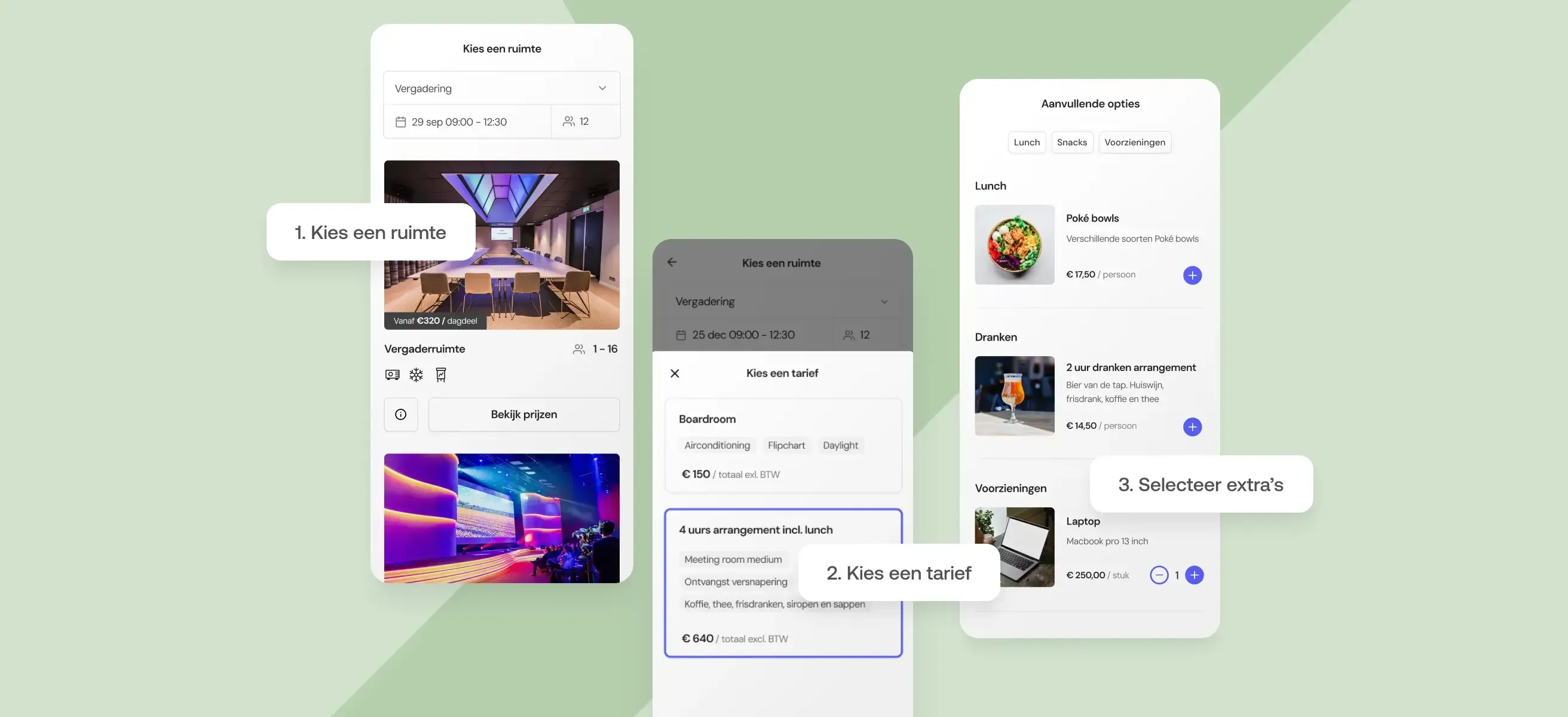 Drie mobiele schermen van een gebruiksvriendelijke boekingsflow voor vergaderruimtes en events, met stap-voor-stap selectie van datum, ruimte, arrangementen en aanvullende opties zoals lunch, drank en voorzieningen.