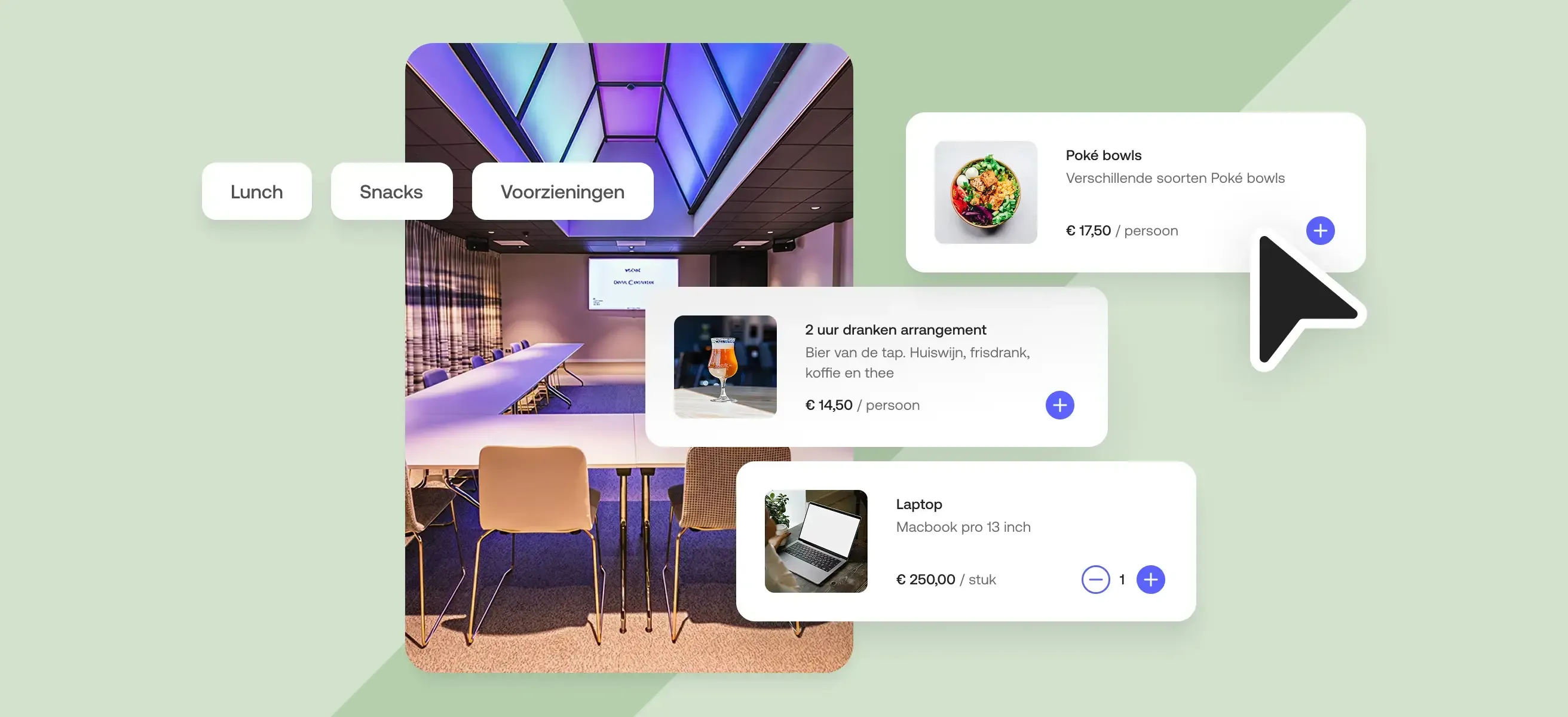 Interactieve weergave van het selecteren van extra’s in een boekingsomgeving voor vergaderruimtes. De interface toont opties zoals pokébowl lunch, drankarrangement en laptopverhuur, met een cursor die wijst naar een selectievakje. Op de achtergrond een moderne vergaderruimte met sfeervolle verlichting.