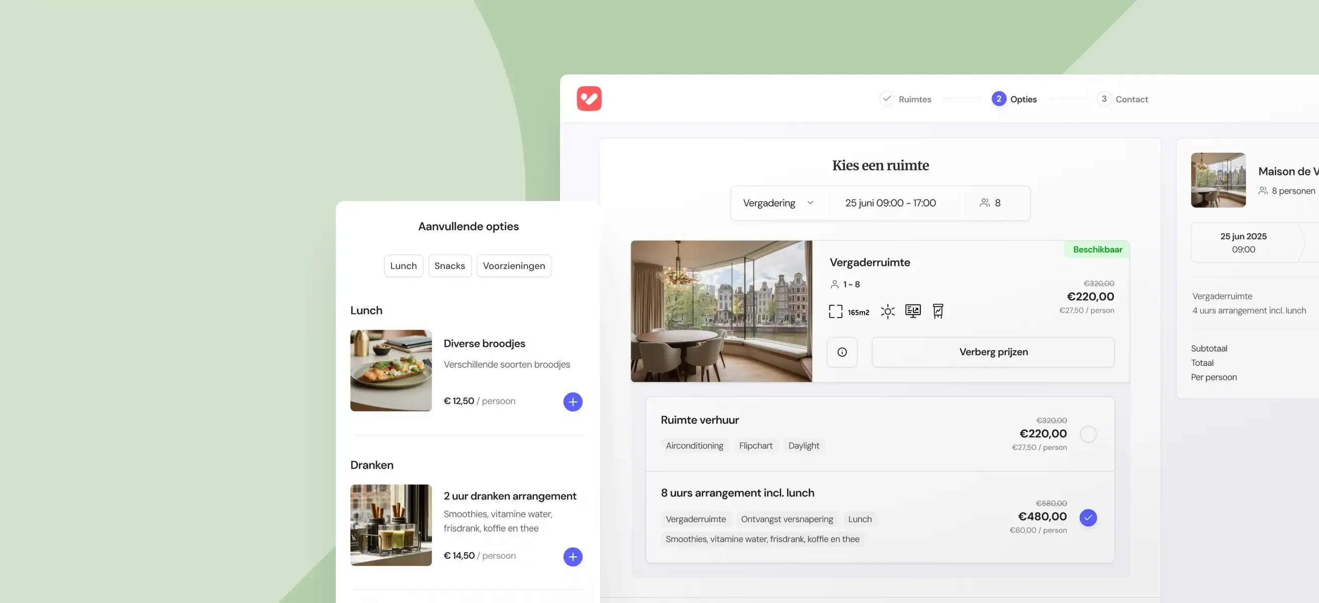 Een screenshot van de VenueSuite booking tool met vergaderruimte opties en aanvullende opties zoals catering op een grafische achtergrond.