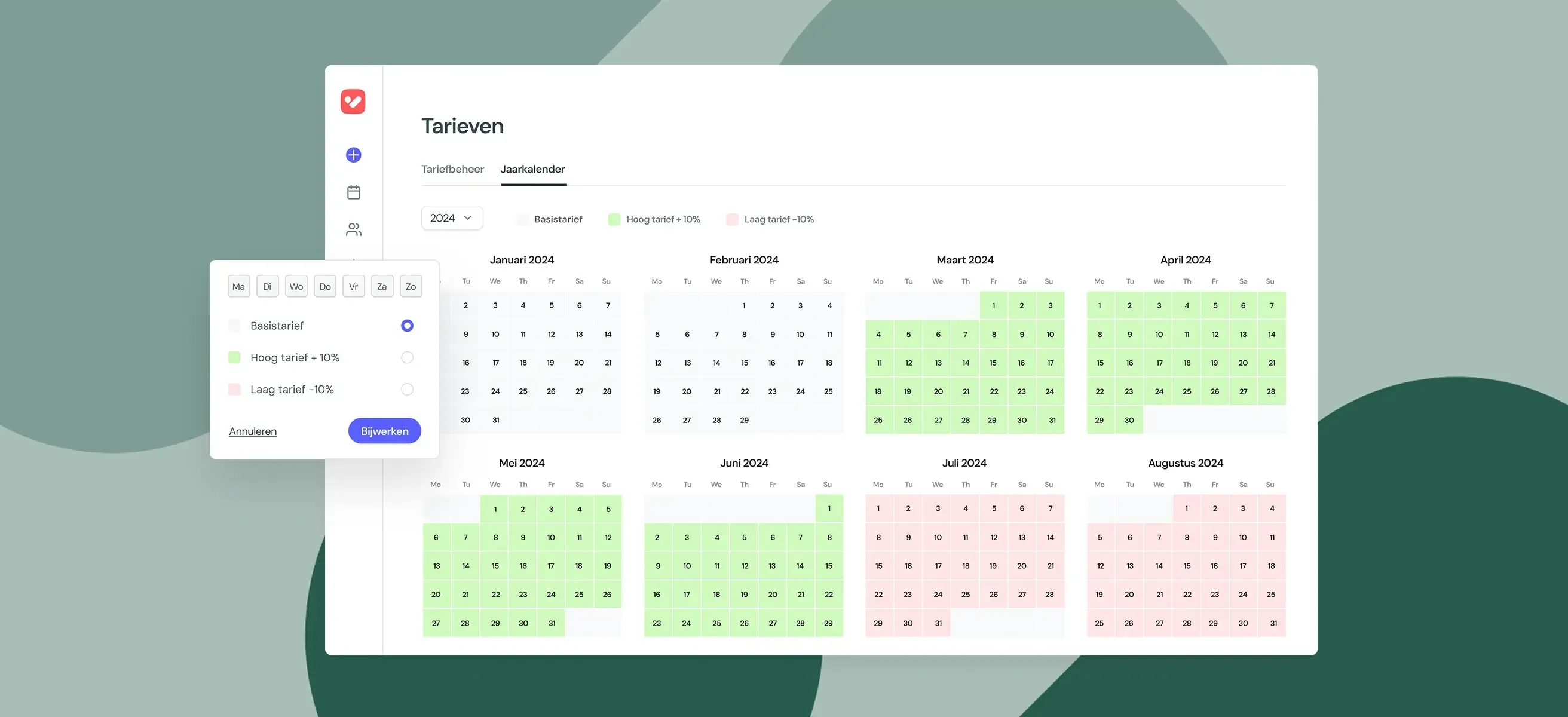 Screenshot van de dynamische prijzen interface in de vorm van de kalender waarbij je aan een periode hoog- of laagseizoen kan toekennen op een groene grafische achtergrond.