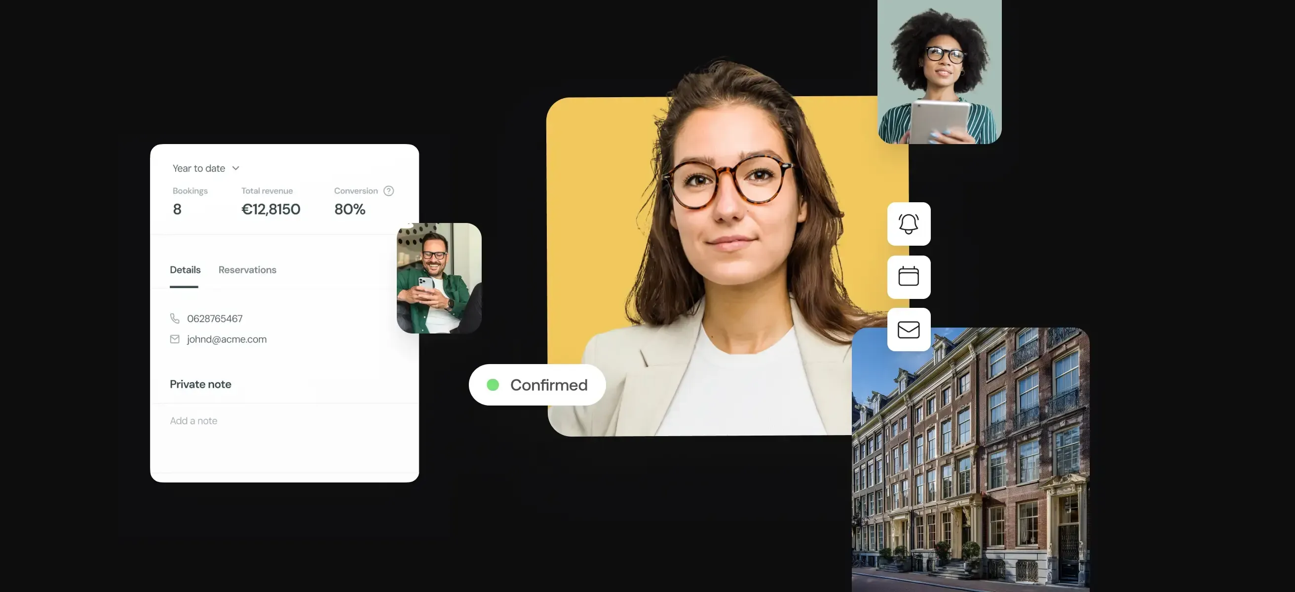 a modern interface with customer details, a confirmed booking, and portraits of people combined with icons and a venue building. Visualizes how VenueSuite simplifies managing bookings.