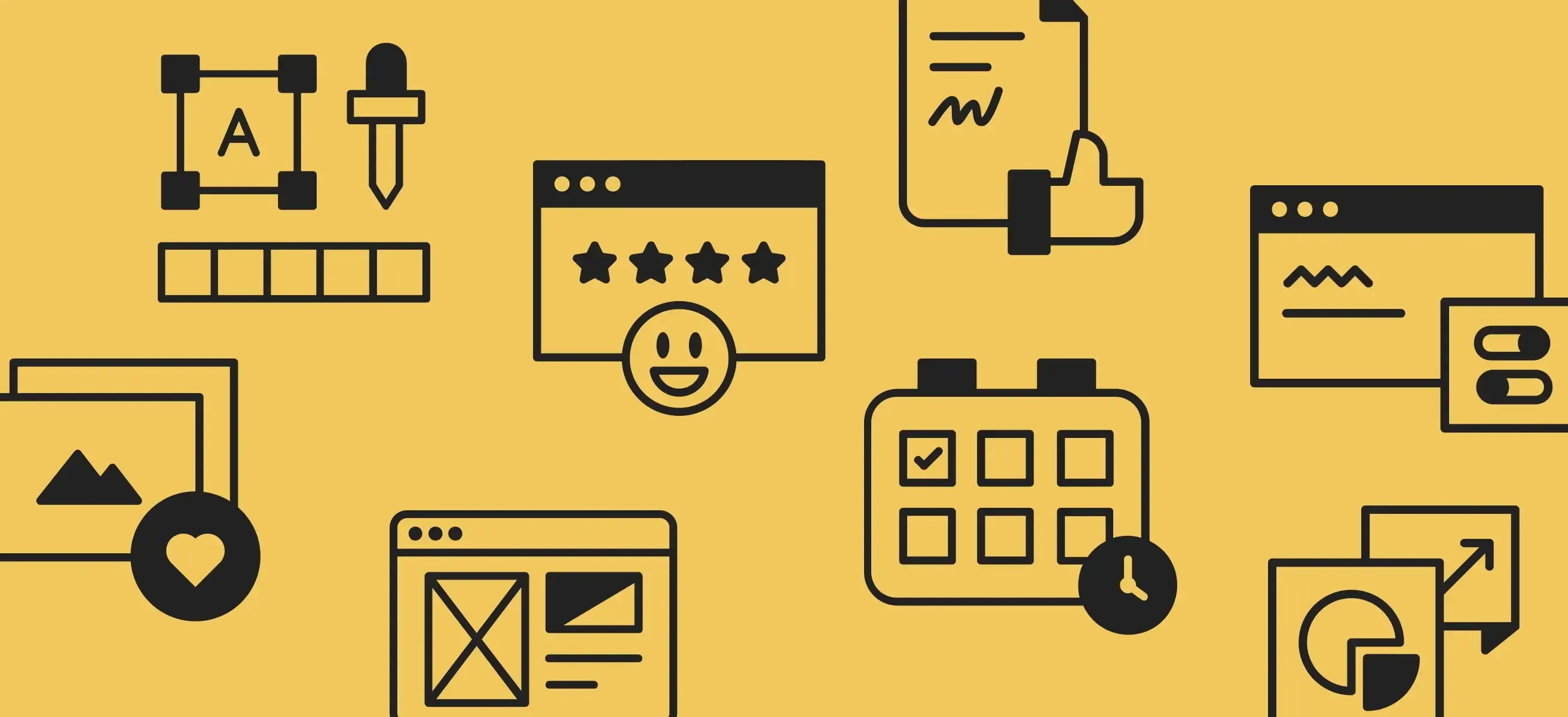 Illustratie met zwarte iconen op een gele achtergrond, waaronder kalenders, grafieken, formulieren en beoordelingssymbolen. Vertegenwoordigt slimme online strategieën om meer aanvragen te krijgen met minder moeite.