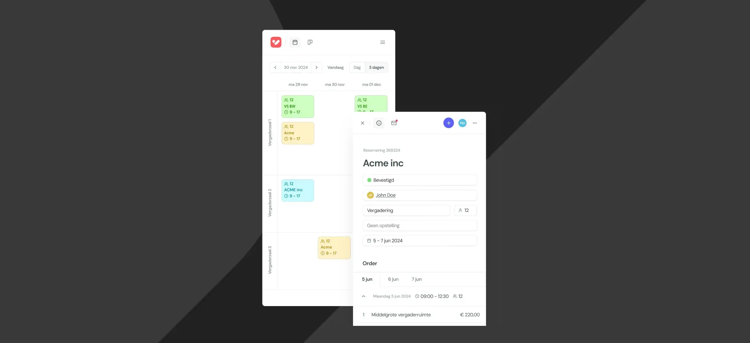 Screenshot van de VenueSuite To Go mobiele applicatie op een grijze grafische achtergrond met de interface van de kalendertool.