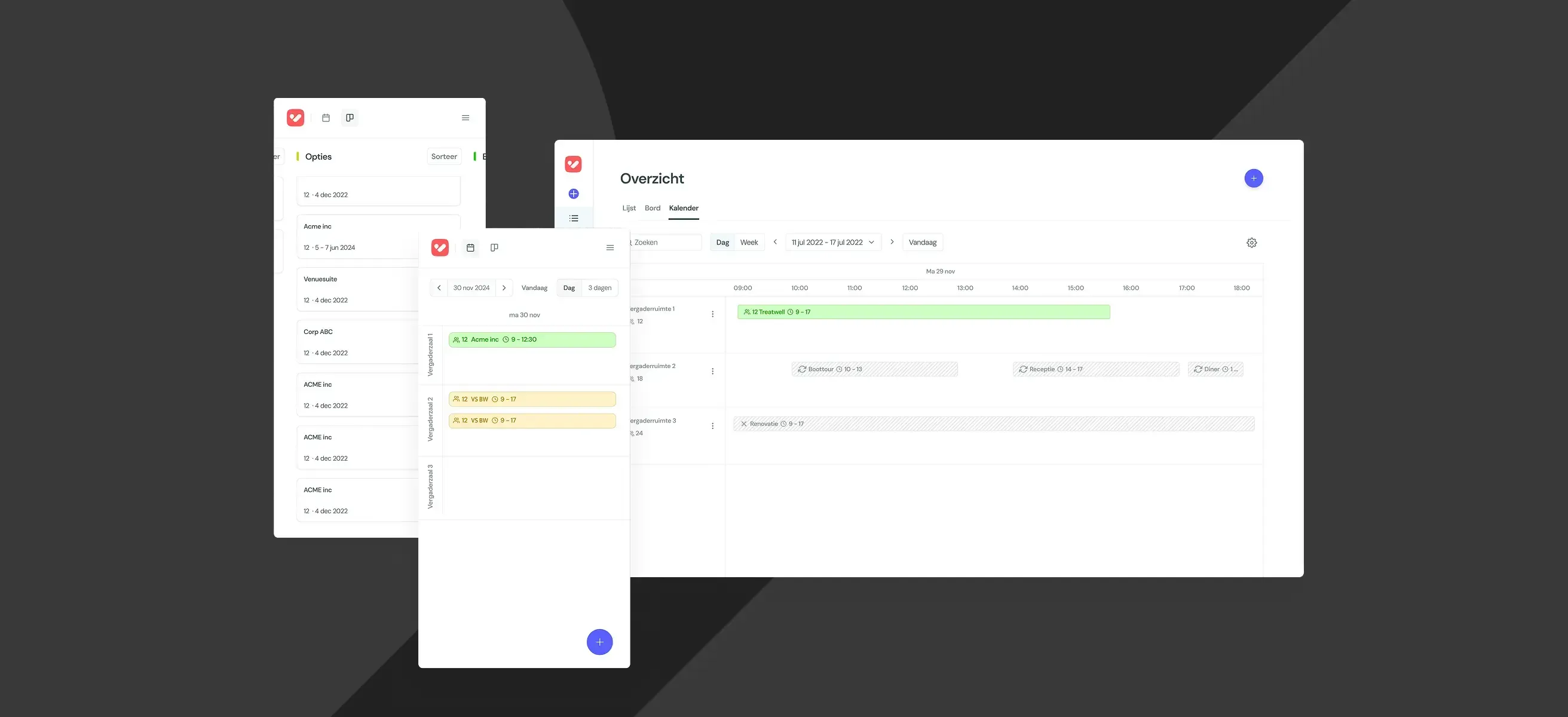 Screenshot van de CRM-interface in de VenueSuite-software op een grafisch grijze achtergrond.