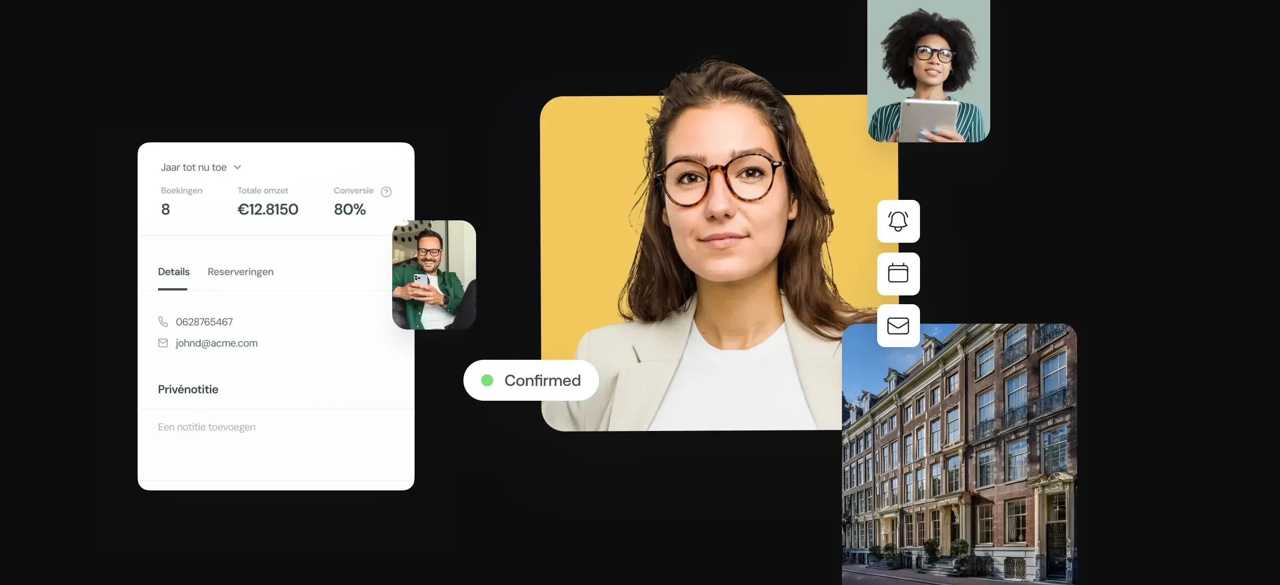 Afbeelding van een moderne interface met klantgegevens, bevestigde boeking en portretten van mensen, gecombineerd met pictogrammen en een gevel van een evenementenlocatie. Visualiseert hoe VenueSuite het beheren van boekingen eenvoudiger maakt.