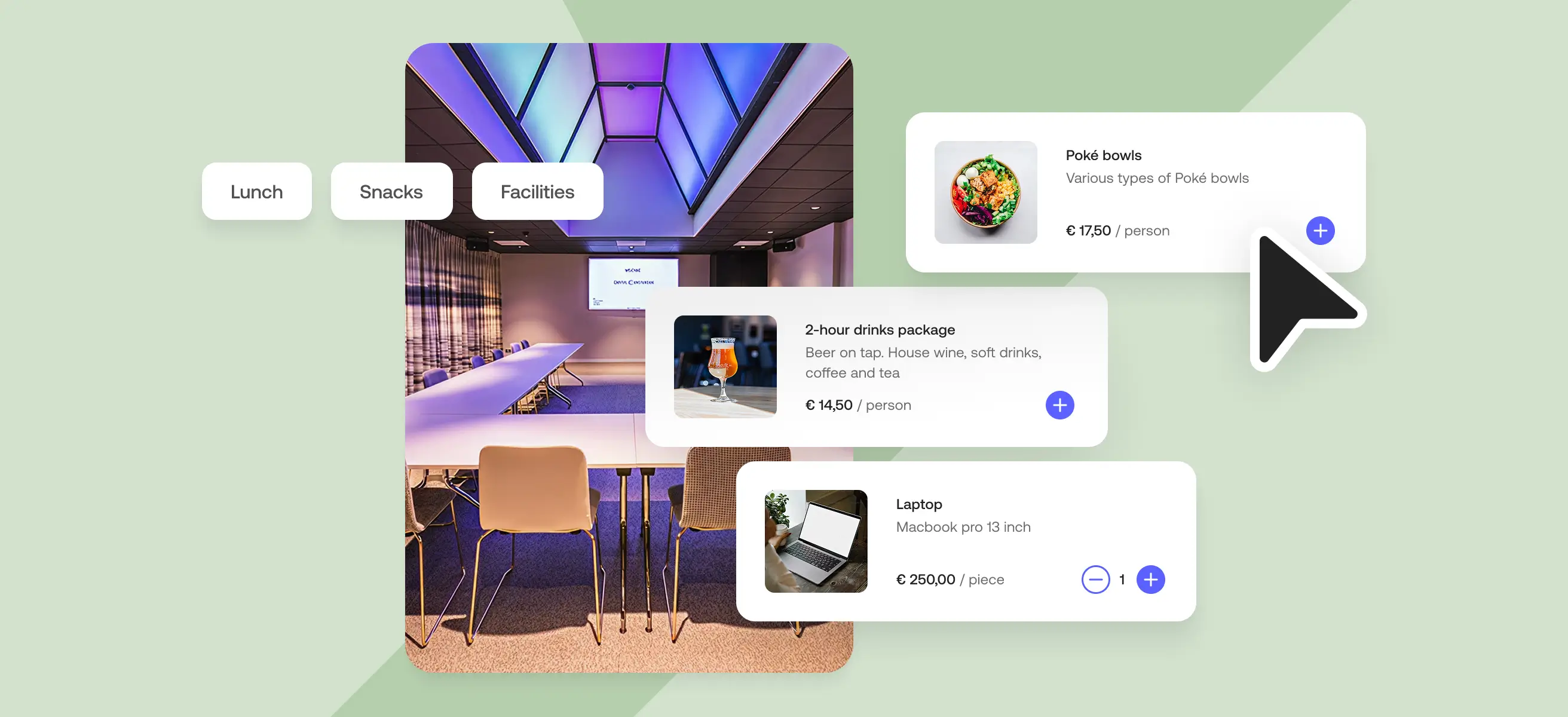 Interactive view of selecting add-ons in a meeting room booking interface. Options like poke bowl lunch, drink arrangement, and laptop rental are displayed with a cursor pointing to a selection button. A modern meeting room with ambient lighting is shown in the background.