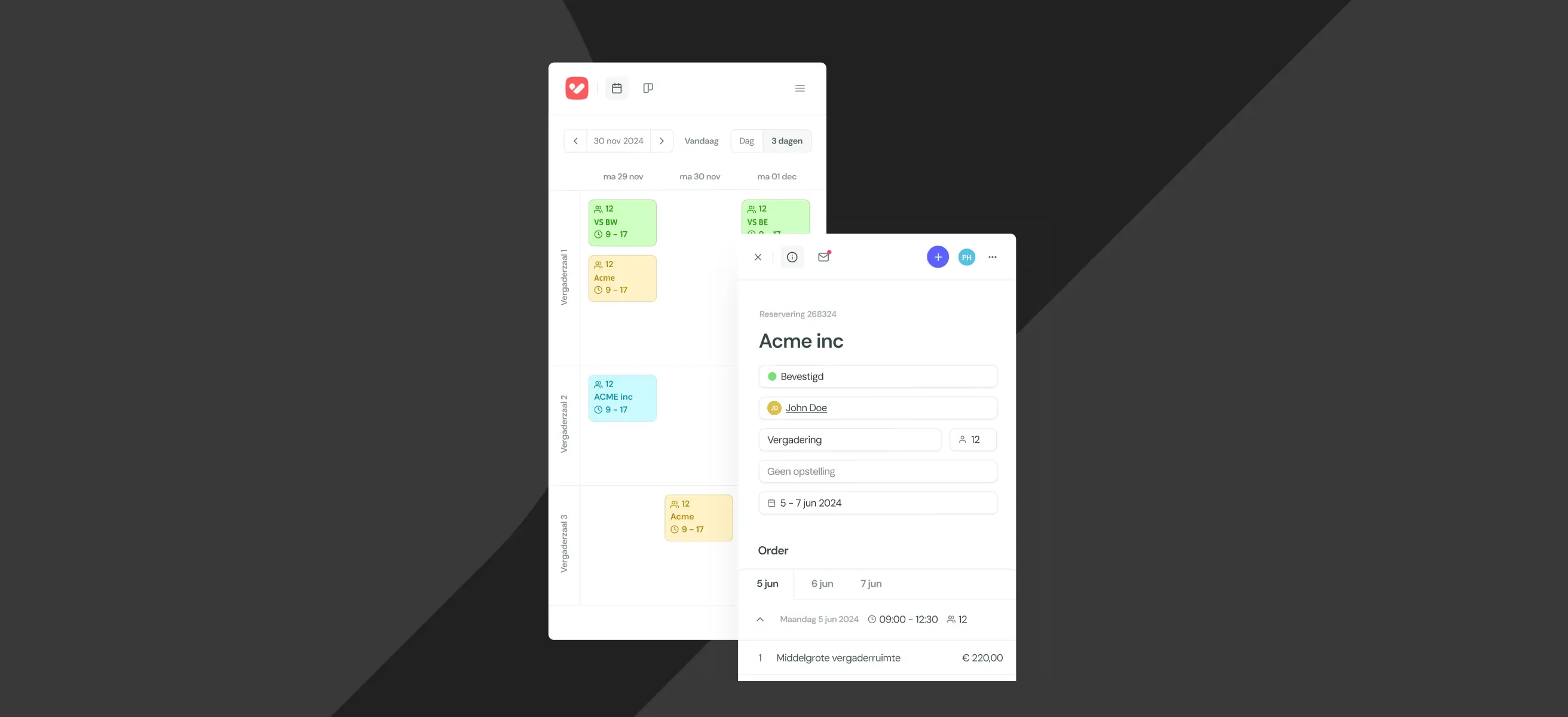 Screenshot van de VenueSuite To Go mobiele applicatie op een grijze grafische achtergrond met de interface van de kalendertool.