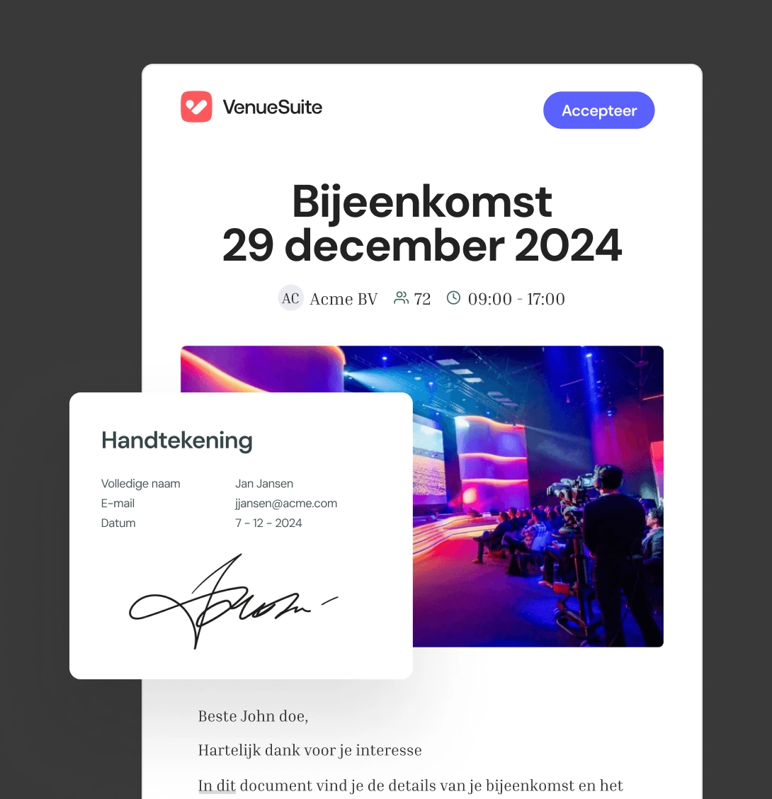 Screenshot van het email template en handtekening in de VenueSuite applicatie