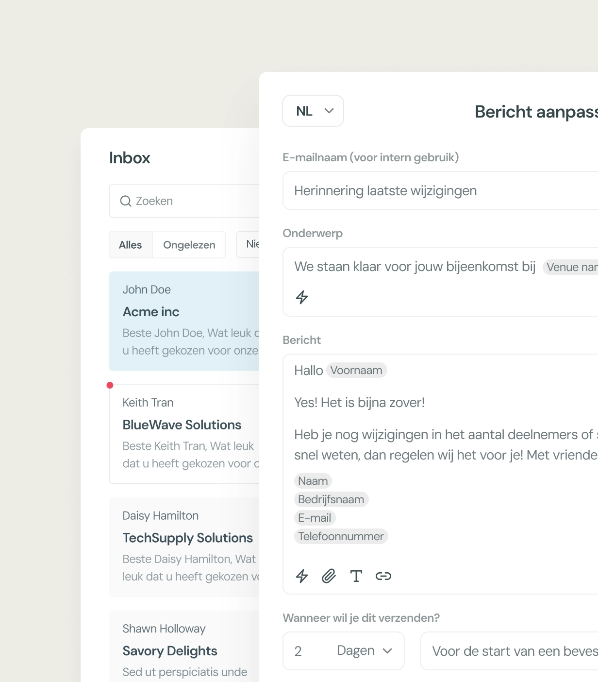 Screenshot van automatische email templates in de VenueSuite applicatie