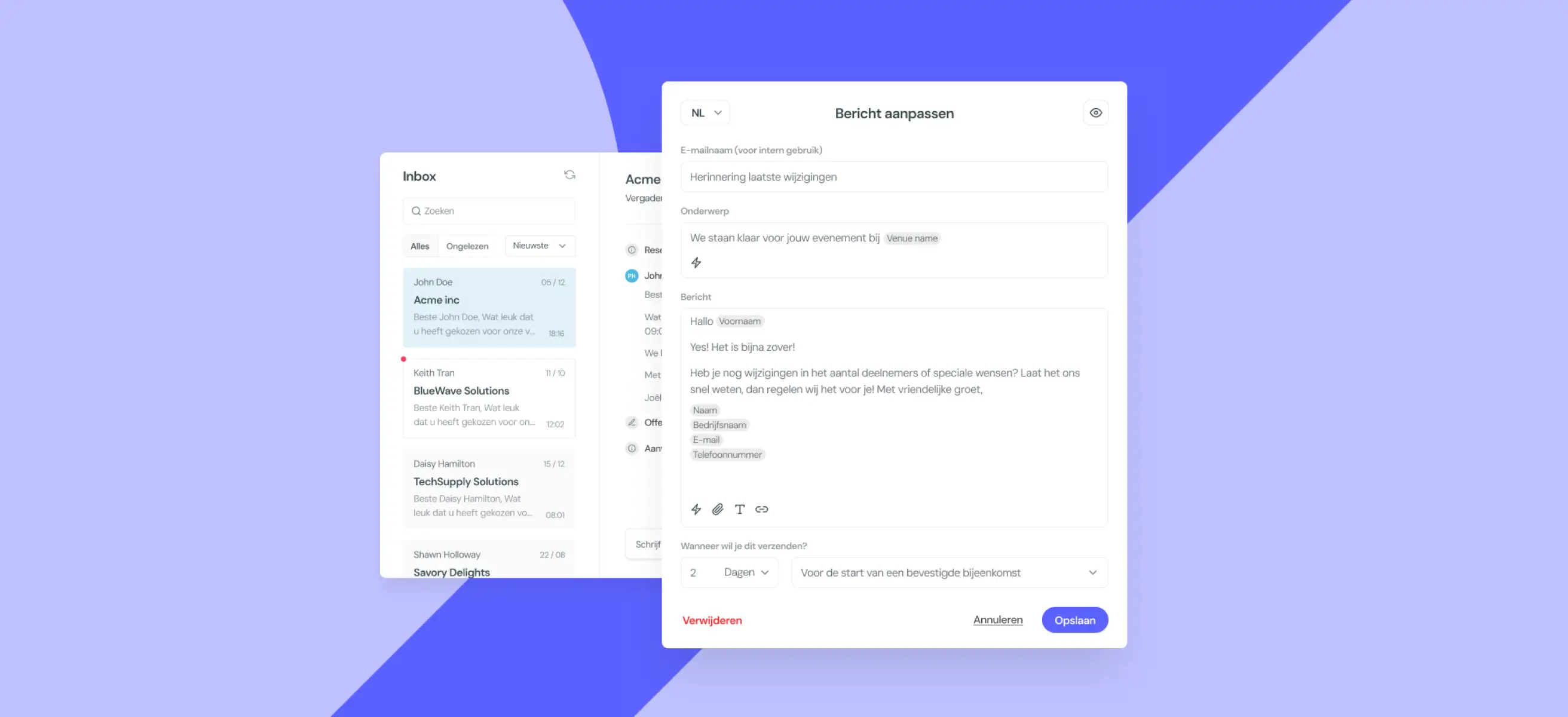Screenshot van de chatfunctie in de VenueSuite booking engine op een grafische achtergrond.